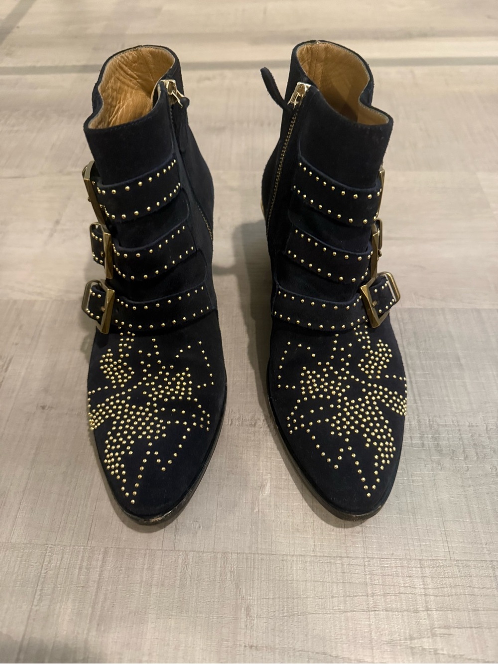 Chloe Studded Black Suede Ankle Boots with Gold Hardware